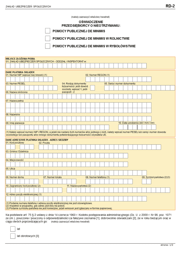 ZUS RD-2 (archiwalny) Oświadczenie przedsiębiorcy o nieotrzymaniu pomocy publicznej de minimis/pomocy publicznej de minimis w rolnictwie/pomocy publicznej de minimis w rybołówstwie