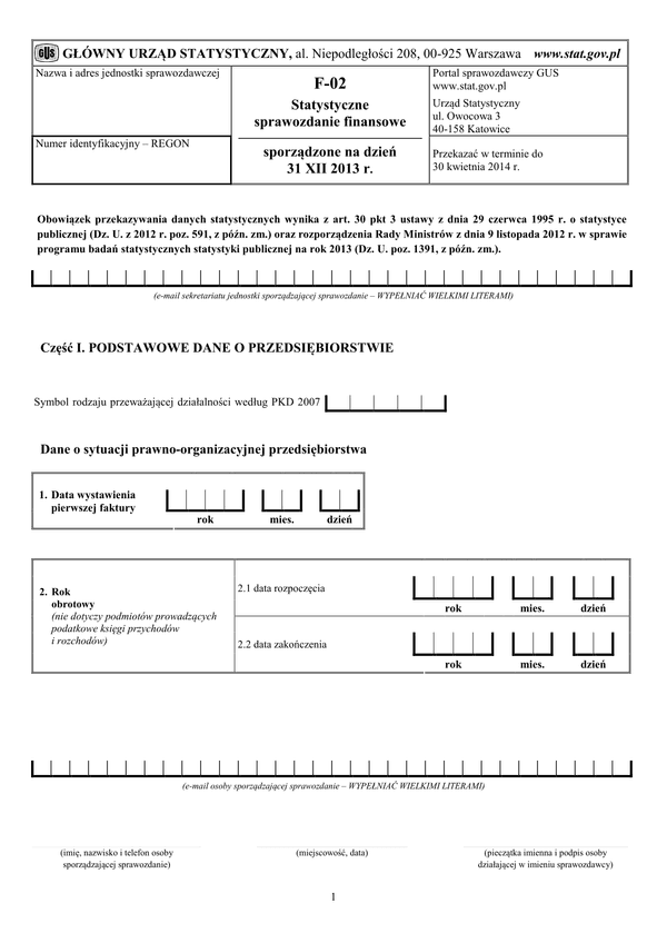 GUS F-02 (2013) (archiwalny) Statystyczne sprawozdanie finansowe