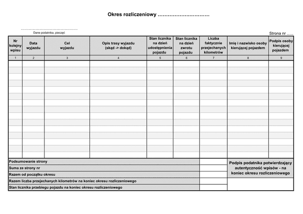 EPPDG-zal Załącznik do ewidencji przebiegu pojazdu wykorzystywanego wyłącznie dla celów działalności gospodarczej