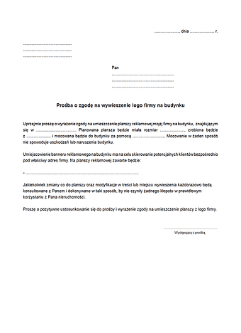 PoZWL Prośba o zgodę na wywieszenie logo firmy/ustawienie baneru reklamowego na budynku/płocie
