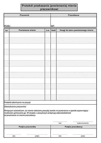 UoPOPM-zal Protokół przekazania (powierzenia) mienia pracownikowi