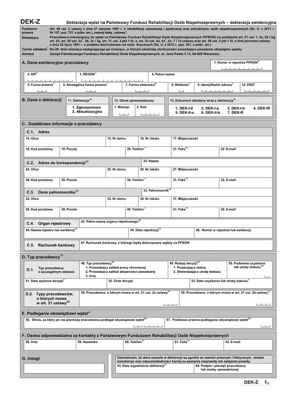 PFRON DEK-Z (archiwalny) Deklaracja wpłat na Państwowy Fundusz Rehabilitacji Osób Niepełnosprawnych – deklaracja ewidencyjna