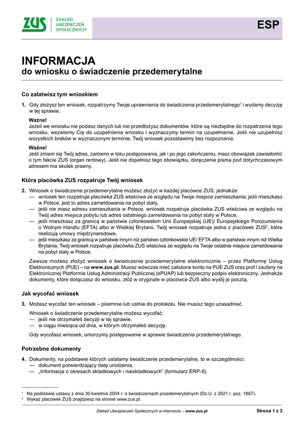 ZUS ESP Inf (archiwalny) Informacja do wniosku o świadczenie przedemerytalne