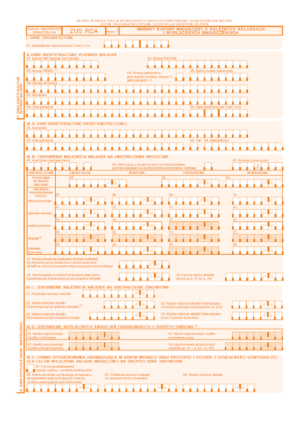 ZUS RCA (archiwalny) Imienny raport miesięczny o należnych składkach i wypłaconych świadczeniach - wersja papierowa