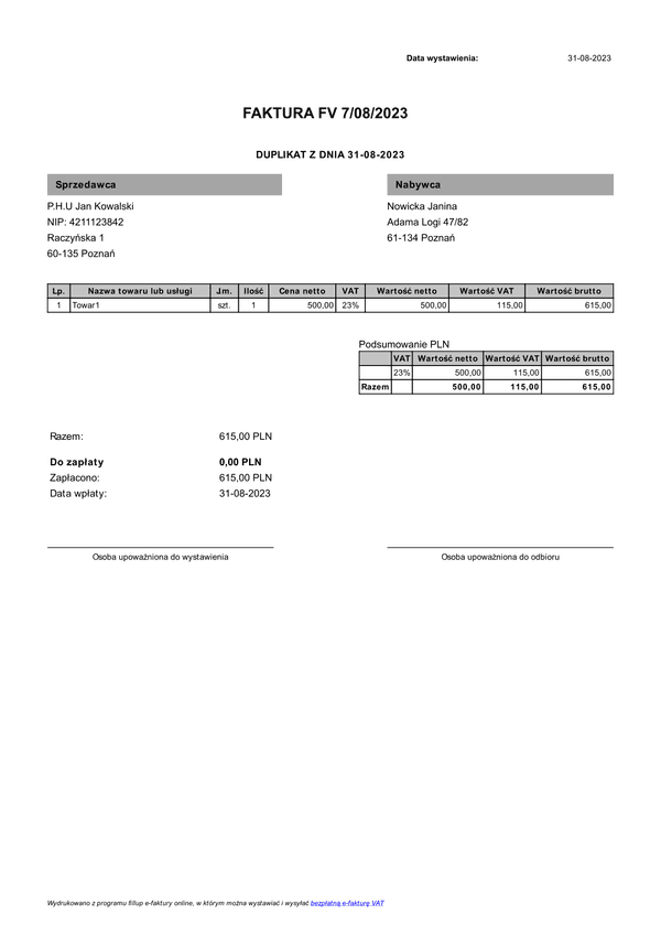 FV Faktura VAT netto darmowa (zgodna z KSeF)