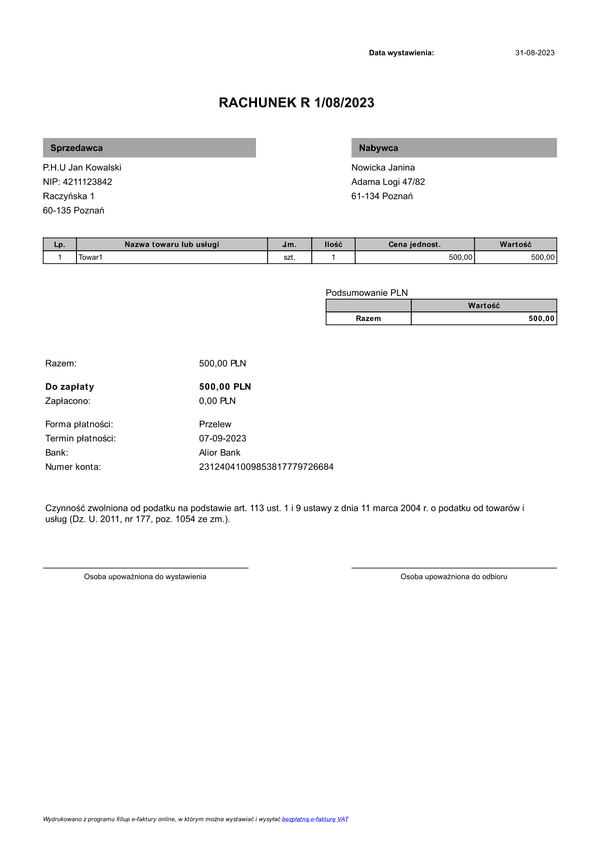 R  Faktura bez VAT (rachunek) (zgodne z KSeF)