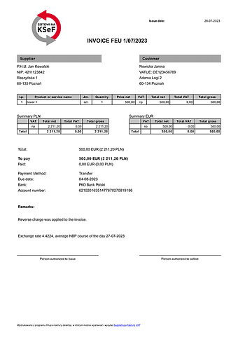 FEU Faktura europejska (zgodna z KSeF)