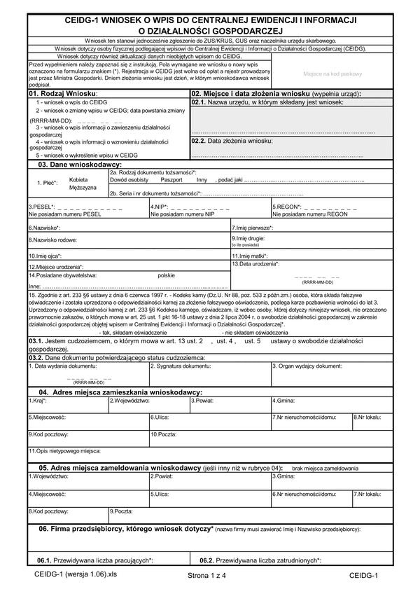 CEIDG-1 (1.06) (archiwalny) Wniosek o wpis do centralnej ewidencji i informacji o działalności gospodarczej