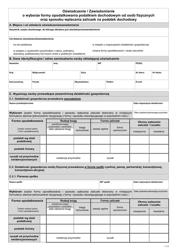 OWFO Oświadczenie / zawiadomienie o wyborze formy opodatkowania podatkiem dochodowym od osób fizycznych oraz sposobu wpłacania zaliczek na podatek dochodowy