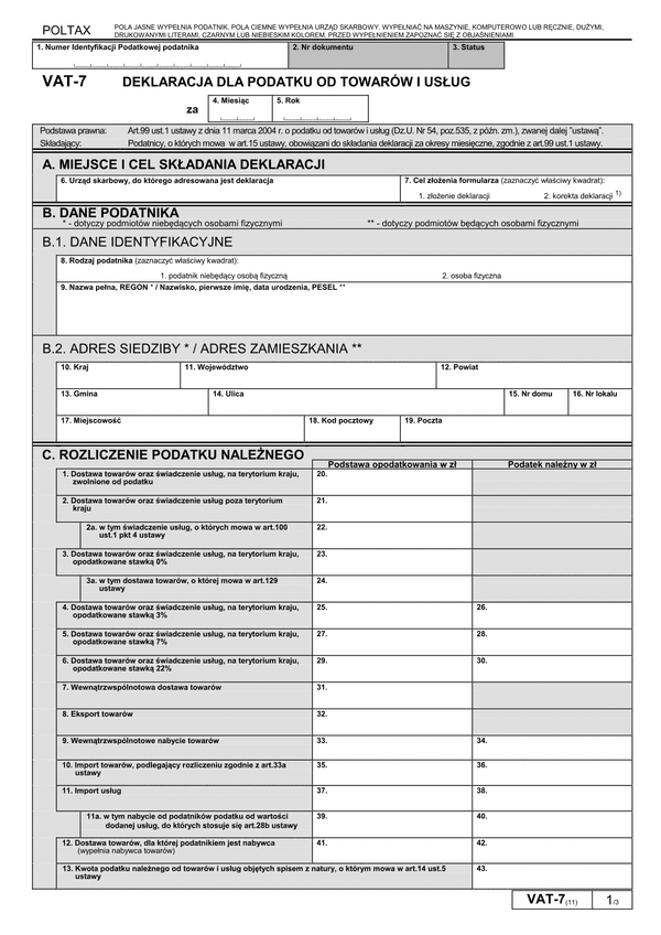 VAT-7 (11) (archiwalny) Deklaracja dla podatku od towarów i usług
