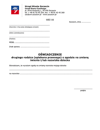 ODR-Sz Oświadczenie  drugiego rodzica (opiekuna prawnego) o zgodzie na zmianę imienia i /lub nazwiska dziecka - Szczecin