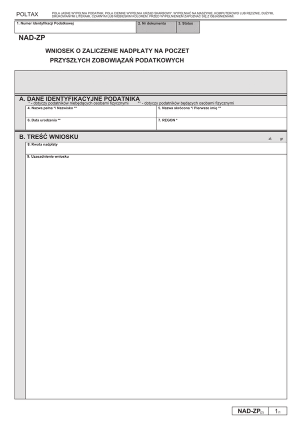 NAD-ZP (2) Wniosek o zaliczenie nadpłaty lub zwrotu na poczet przyszłych zobowiązań podatkowych