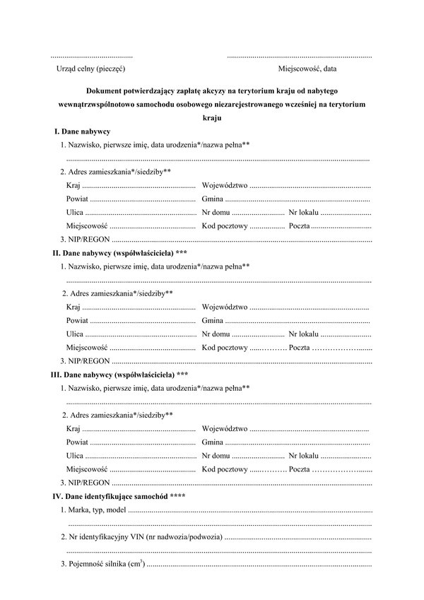 DPZATR (od 2010) (archiwalny) Dokument potwierdzający zapłatę akcyzy na terytorium kraju od nabytego wewnątrzwspólnotowo samochodu osobowego niezarejestrowanego wcześniej na terytorium kraju