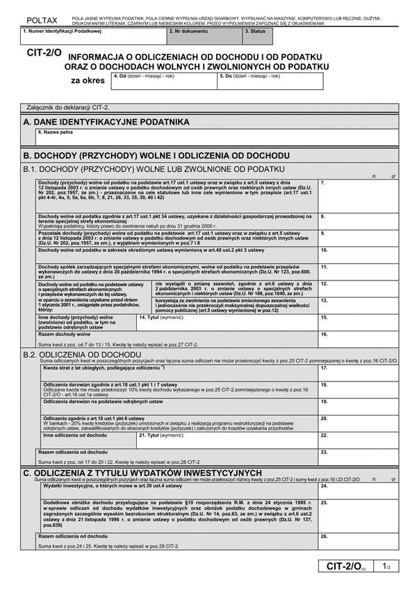 CIT-2/O (4) (archiwalny) Informacja o odliczeniach od dochodu i od podatku oraz o dochodach wolnych i zwolnionych od podatku
