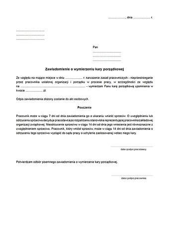 ZoWKP Zawiadomienie o wymierzeniu kary porządkowej