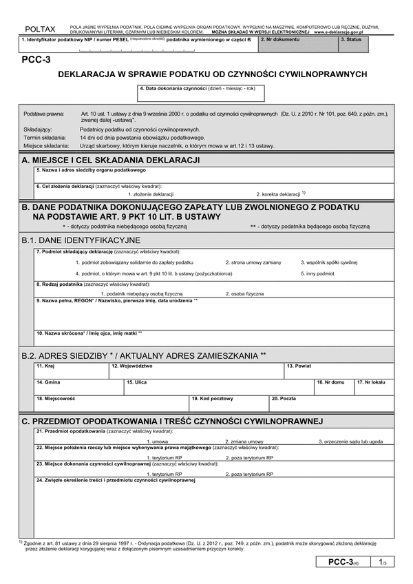 PCC-3 (4) (archiwalny) (od IX 2014) Deklaracja w sprawie podatku od czynności cywilnoprawnych 