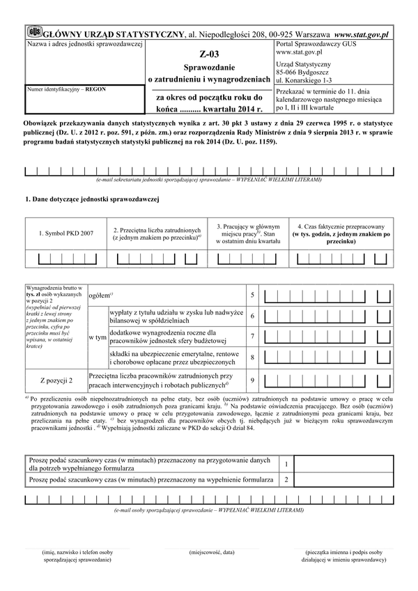 GUS Z-03 (2014) (archiwalny) Sprawozdanie o zatrudnieniu i wynagrodzeniach