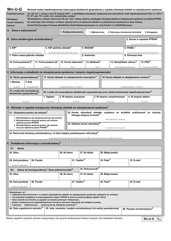 PFRON Wn-U-G (archiwalny) Wniosek osoby niepełnosprawnej wykonującej działalność gospodarczą o wypłatę refundacji składek na ubezpieczenia społeczne