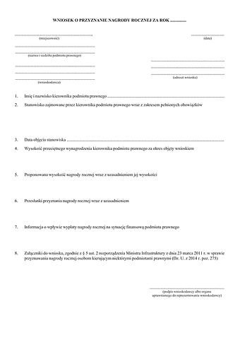 WnNR MTBiGM Wniosek o przyznanie nagrody rocznej  - Ministerstwo Transportu, Budownictwa i Gospodarki Morskiej