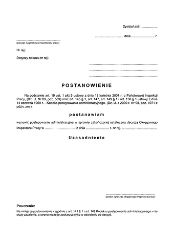 PwWPA Postanowienie w sprawie wznowienia postępowania administracyjnego