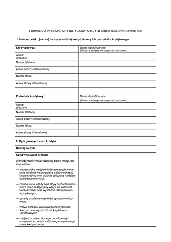FIDKH Formularz informacyjny dotyczący kredytu zabezpieczonego hipoteką