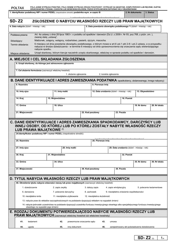SD-Z2 (5) (archiwalny) (od X 2014) Zgłoszenie o nabyciu własności rzeczy lub praw majątkowych