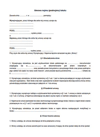 UNCLU Umowa najmu / podnajmu części lokalu użytkowego
