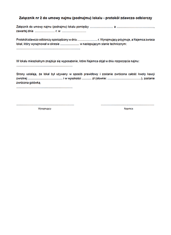 UNCLUP2 Załącznik nr 2 protokół zdawczo-odbiorczy do umowy najmu / podnajmu części lokalu użytkowego