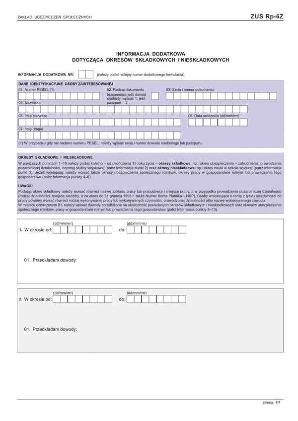 ZUS RP-6Z (archiwalny) Informacja dodatkowa dotycząca okresów składkowych i nieskładkowych