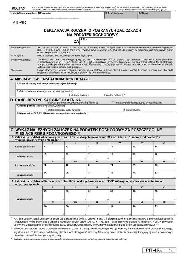 PIT-4R (5) (2014) (archiwalny) Deklaracja roczna o pobranych zaliczkach na podatek dochodowy