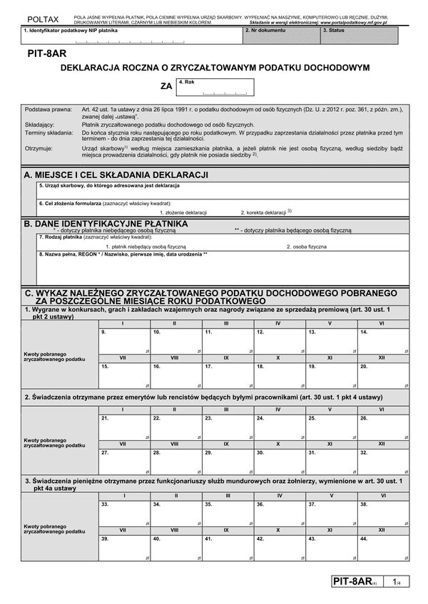 PIT-8AR (4) (2014) (archiwalny) Deklaracja roczna o zryczałtowanym podatku dochodowym