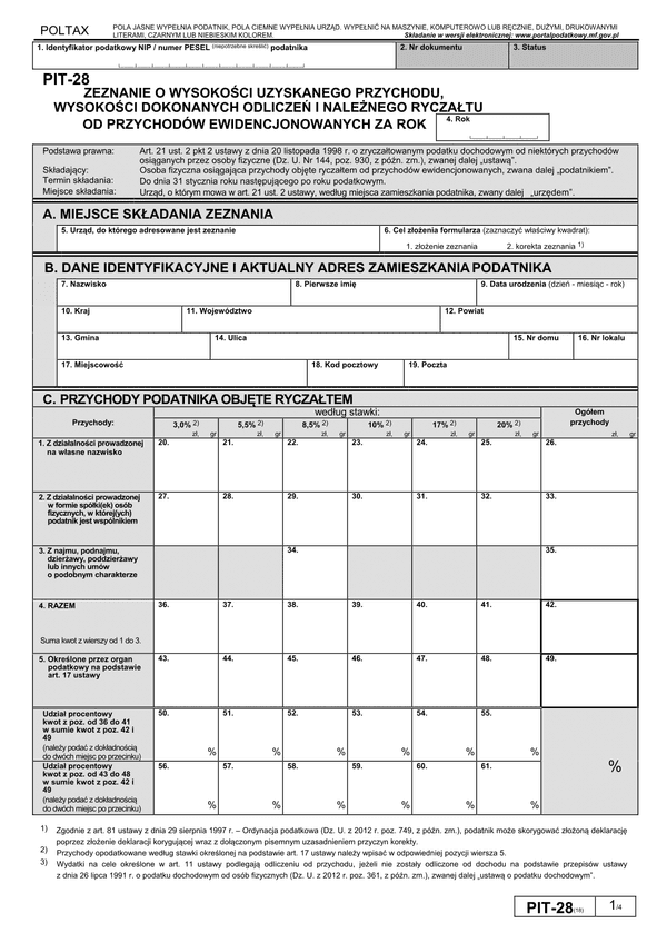 PIT-28 (18) (2014) (archiwalny) Zeznanie o wysokości uzyskanego przychodu, wysokości dokonanych odliczeń i należnego ryczałtu od przychodów ewidencjonowanych