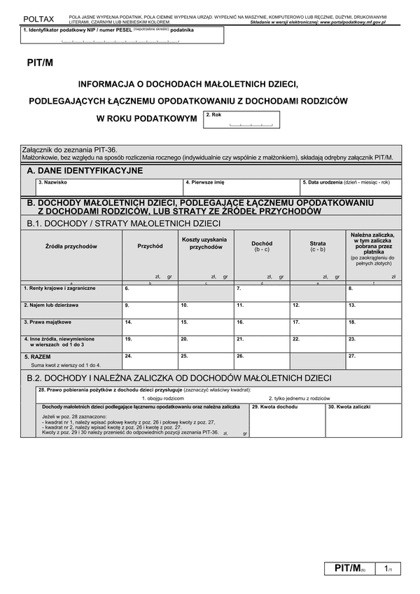 PIT/M (6) (2014) (archiwalny) Informacja o dochodach małoletnich dzieci, podlegających łącznemu opodatkowaniu z dochodami rodziców