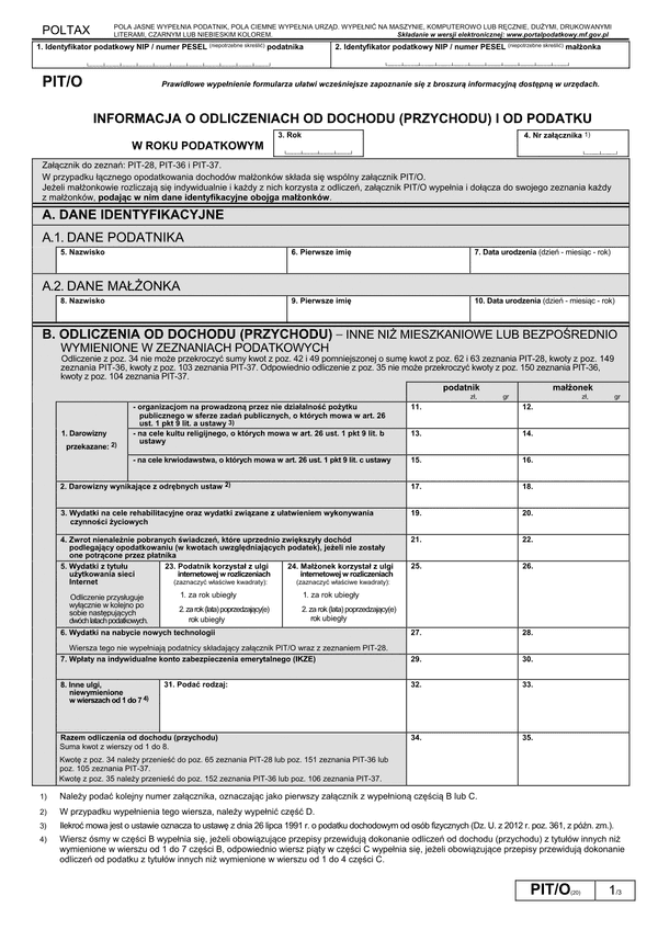 PIT/O (20) (2014) (archiwalny) Informacja o odliczeniach od dochodu (przychodu) i od podatku w roku podatkowym