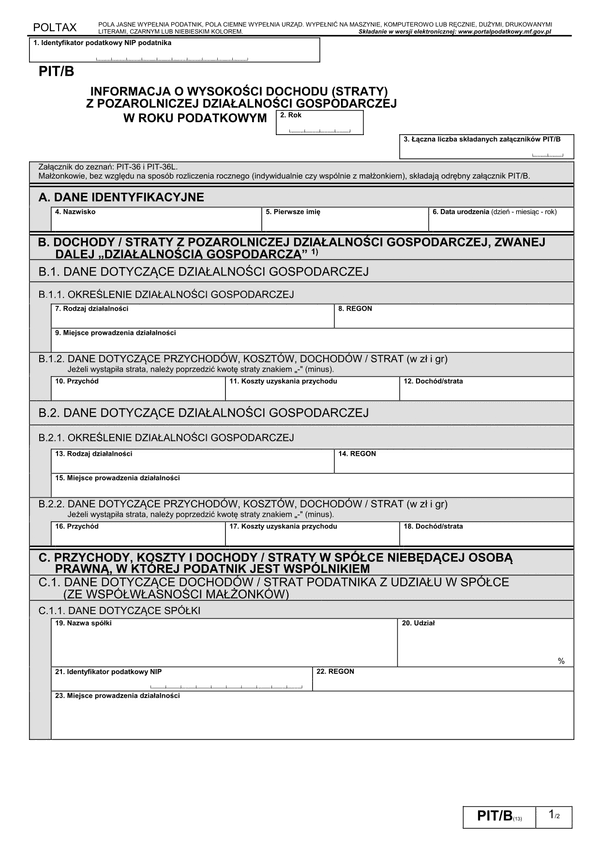 PIT/B (13) (2014) (archiwalny) Informacja o wysokości dochodu (straty) z pozarolniczej działalności gospodarczej