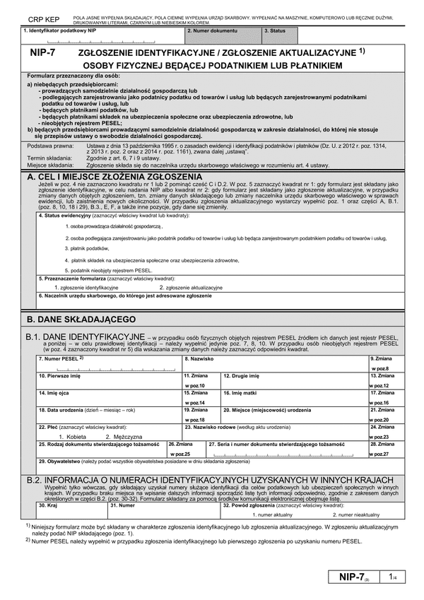 NIP-7 (3) (archiwalny) Zgłoszenie identyfikacyjne / zgłoszenie aktualizacyjne osoby fizycznej będącej podatnikiem lub płatnikiem
