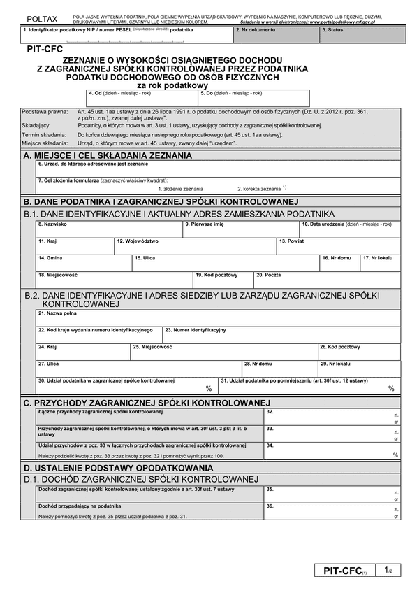 PIT-CFC (1) (archiwalny) (2015) Zeznanie o wysokości osiągniętego dochodu z zagranicznej spółki kontrolowanej przez podatnika podatku dochodowego od osób fizycznych