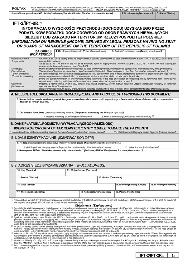 IFT-2 (5) (2012 - 2014) (archiwalny) Informacja o wysokości przychodu (dochodu) uzyskanego przez podatników podatku dochodowego od osób prawnych niemających siedziby lub zarządu na terytorium Rzeczypospolitej Polskiej