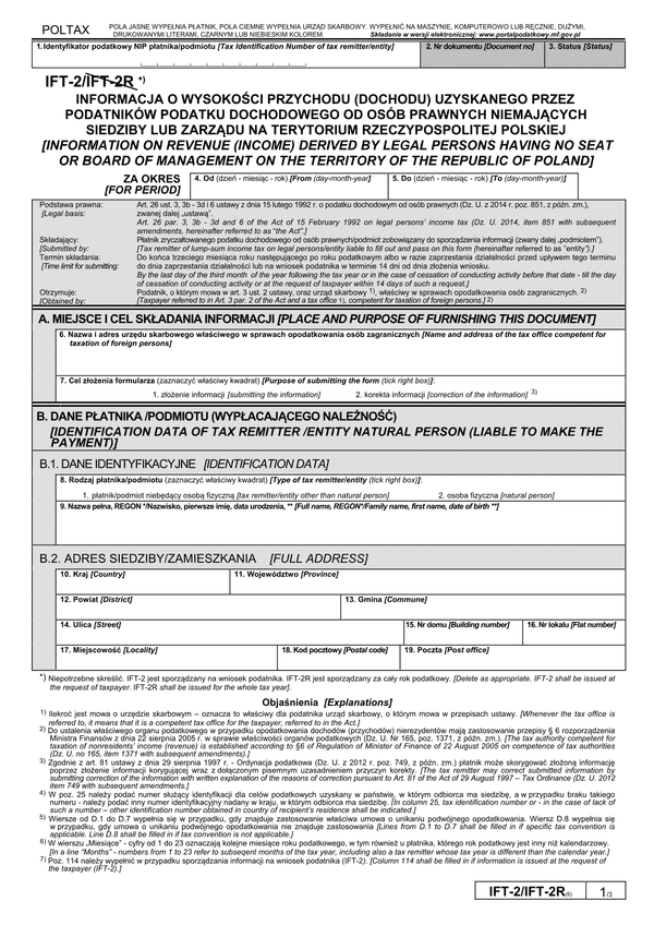 IFT-2 (6) (archiwalny) (2015) Informacja o wysokości przychodu (dochodu) uzyskanego przez podatników podatku dochodowego od osób prawnych niemających siedziby lub zarządu na terytorium Rzeczypospolitej Polskiej