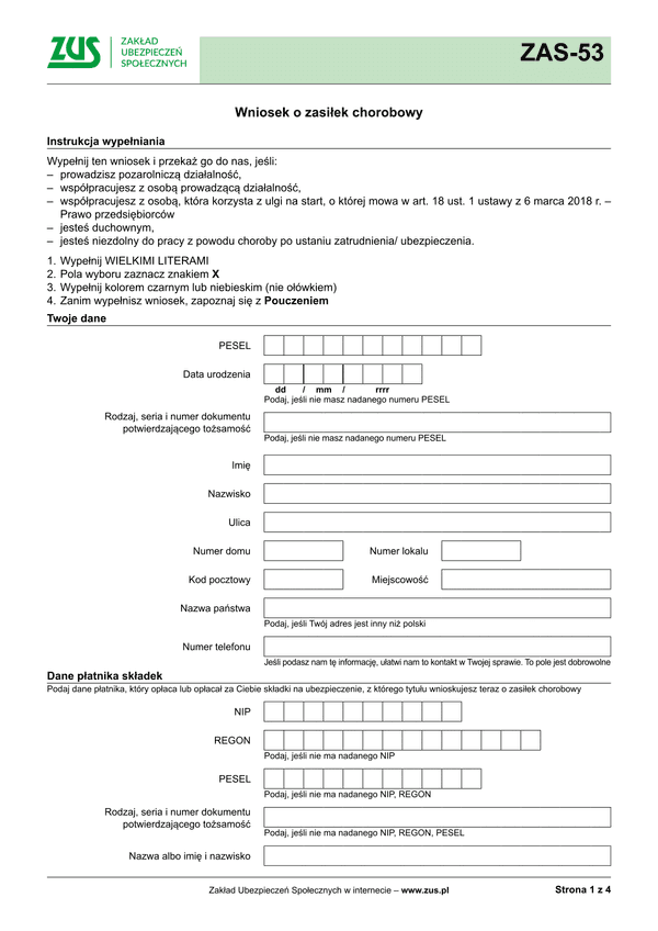 ZUS ZAS-53 (archiwalny) Wniosek o zasiłek chorobowy - wersja papierowa