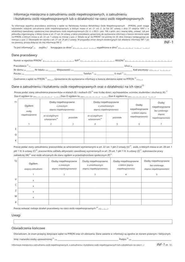 PFRON INF-1 Informacja miesięczna o zatrudnieniu osób niepełnosprawnych, o zatrudnieniu i kształceniu osób niepełnosprawnych lub o działalności na rzecz osób niepełnosprawnych