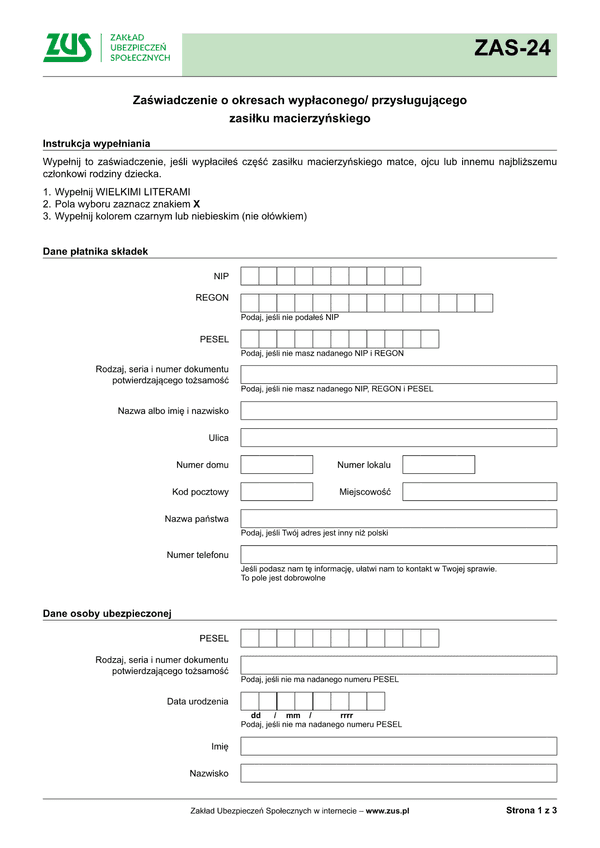 ZUS ZAS-24 (archiwalny) Zaświadczenie o okresach wypłacanego/ przysługującego zasiłku macierzyńskiego