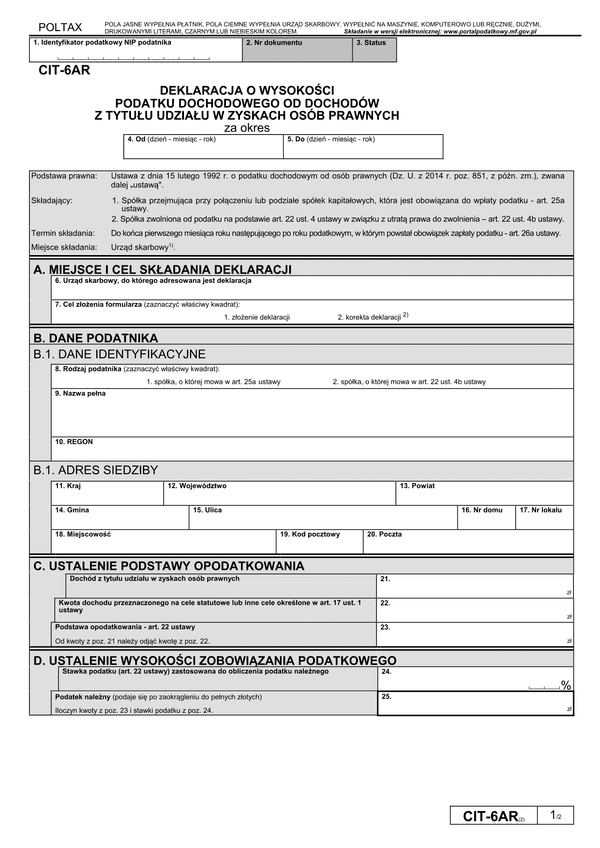 CIT-6AR (2) (archiwalny) Deklaracja o wysokości podatku dochodowego od dochodów z tytułu udziału w zyskach osób prawnych