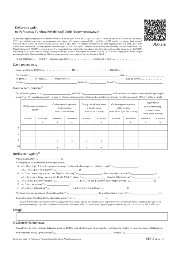 PFRON DEK-2-a Deklaracja wpłat na Państwowy Fundusz Rehabilitacji Osób Niepełnosprawnych