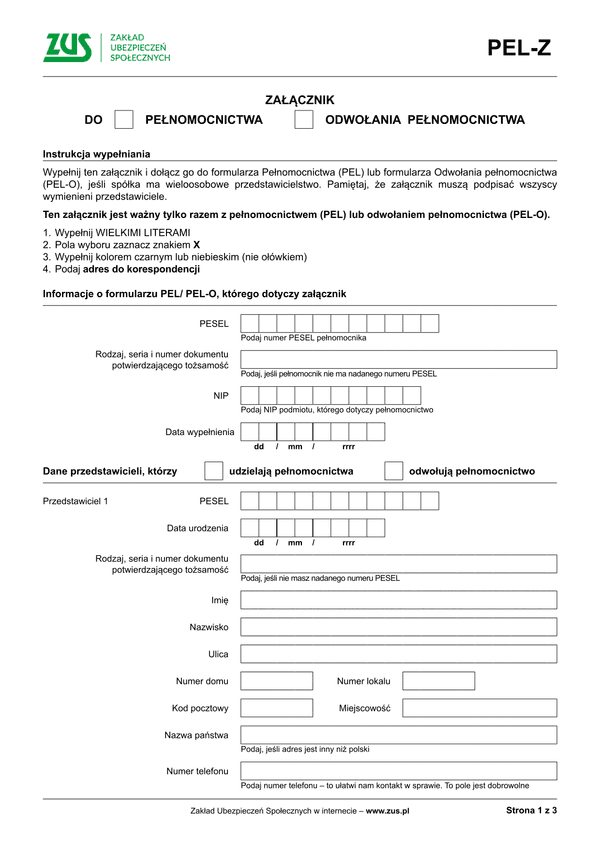 ZUS PEL-Z (archiwalny) Załącznik do pełnomocnictwa