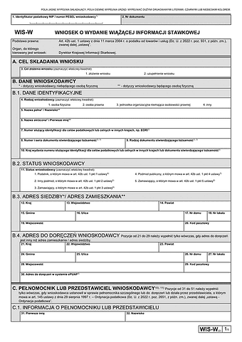 WIS-W (2) Wniosek o wydanie wiążącej informacji stawkowej