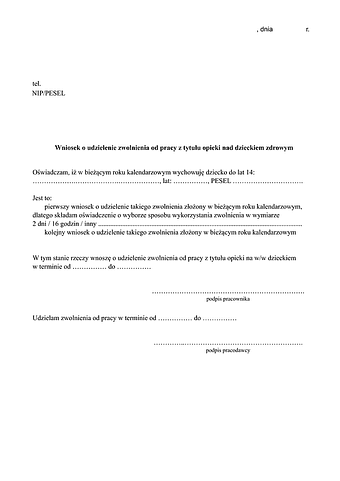 WoUZoP Wniosek o udzielenie zwolnienia od pracy z tytułu opieki nad dzieckiem zdrowym