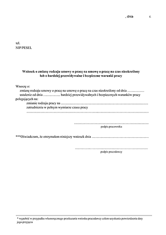 WoZRU Wniosek o zmianę rodzaju umowy o pracę na umowę o pracę na czas nieokreślony lub o bardziej przewidywalne i bezpieczne warunki pracy