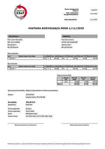 FKOR Faktura korygująca VAT netto/brutto (zgodna z KSeF)