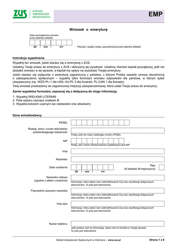 ZUS EMP (archiwalny) Wniosek o emeryturę - wersja papierowa